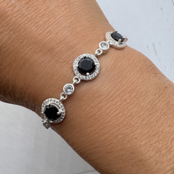 Sterling Silver Adjustable Bracelet Faux Sapphire Clear Crystals .925 - Picture 3 of 13